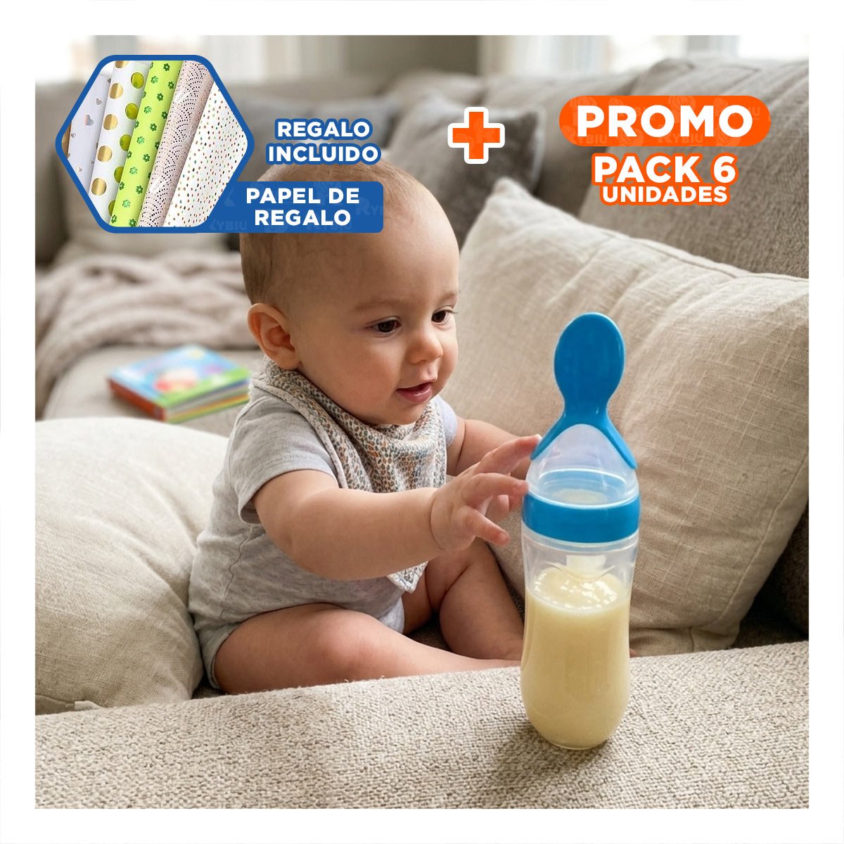 PACK6 CHUPO CON CUCHARA CON TAPA PROTECTORA Y LIMPIEZA RAPIDA COLOR CELESTE Y+PAPEL REGALO - 1