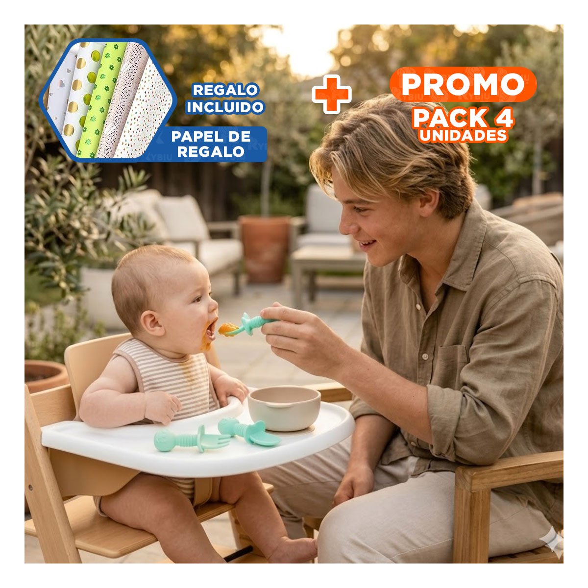 PACK4 KIT 2 PRE CUCHARA Y TENEDOR OSITO VERDE AGUA MANGO CORTO PARA MESA Y CASA Y+PAPEL REGALO - 1
