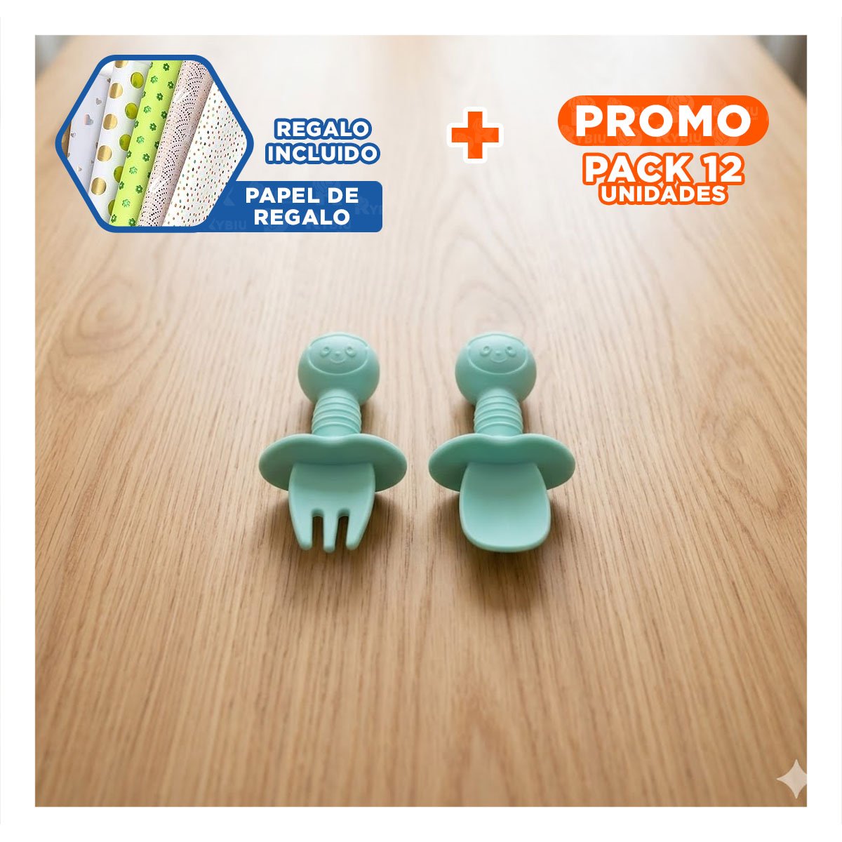 PACK12 KIT 2 PRE CUCHARA Y TENEDOR OSITO VERDE AGUA MANGO CORTO PARA COMEDOR Y+PAPEL REGALO - 1