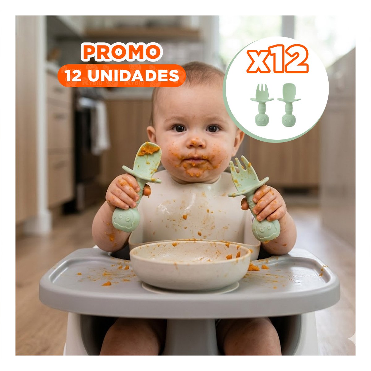 PACK12 SET 2 PRE CUCHARA Y TENEDOR COLOR VERDE MANGO CORTO OSITO PARA NIÑOS COMER - 1