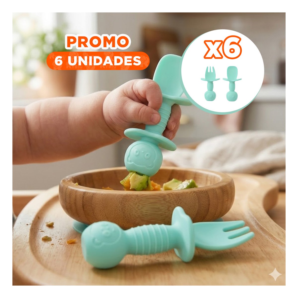 PACK6 COLECCION 2 PRE CUCHARA Y TENEDOR MANGO OSITO VERDE AGUA PARA NIÑOS Y+REGALO STICKER - 1