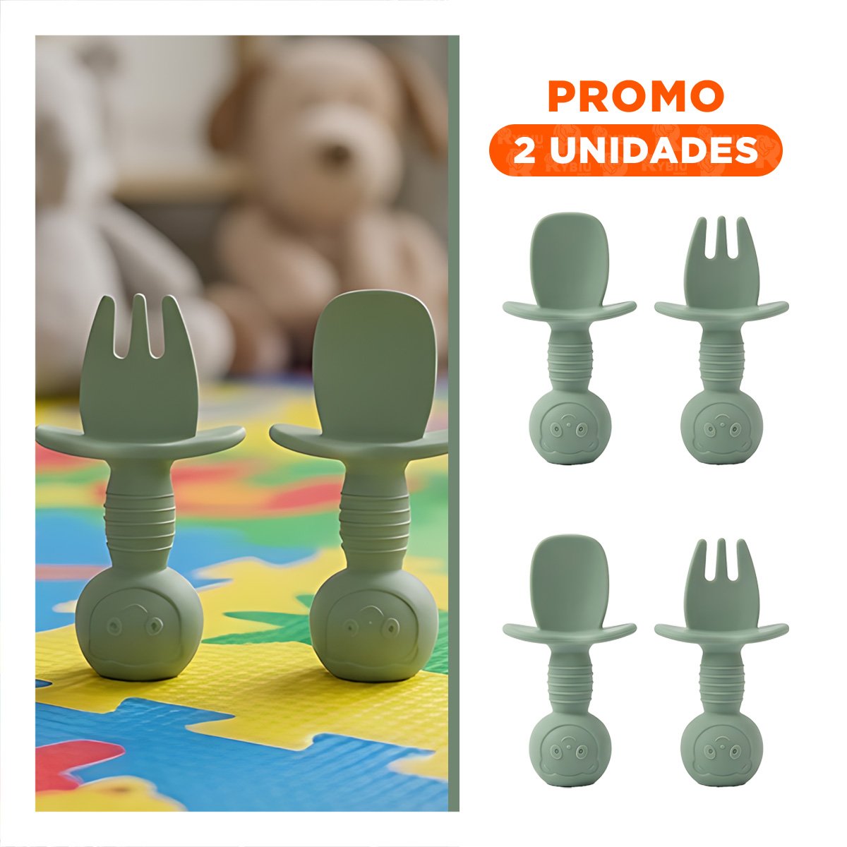 PACK2 KIT 2 PRE CUCHARA Y TENEDOR COLOR VERDE OSCURO OSITO MANGO CORTO PARA DESAYUNO - 1