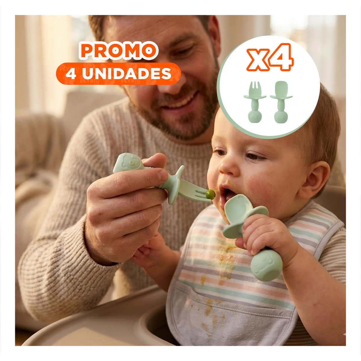 PACK4 SET 2 PRE CUCHARA Y TENEDOR COLOR VERDE MANGO CORTO OSITO PARA NIÑOS Y BEBÉS - 1
