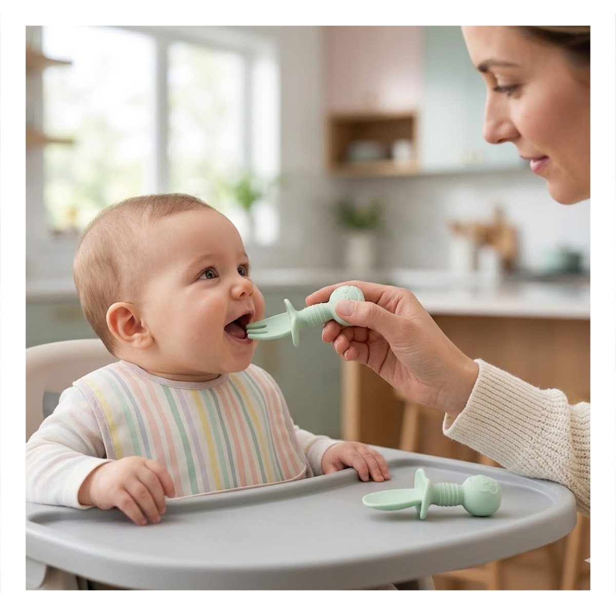 SET 2 PRE CUCHARA Y TENEDOR OSITO MANGO CORTO VERDE PARA NIÑOS COMER - 2