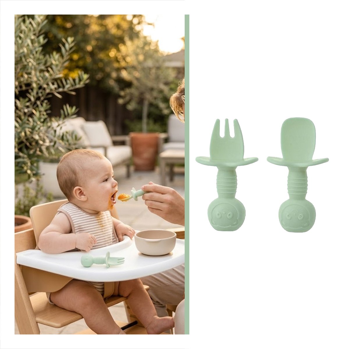 SET 2 PRE CUCHARA Y TENEDOR OSITO MANGO CORTO VERDE PARA NIÑOS COMER - 3