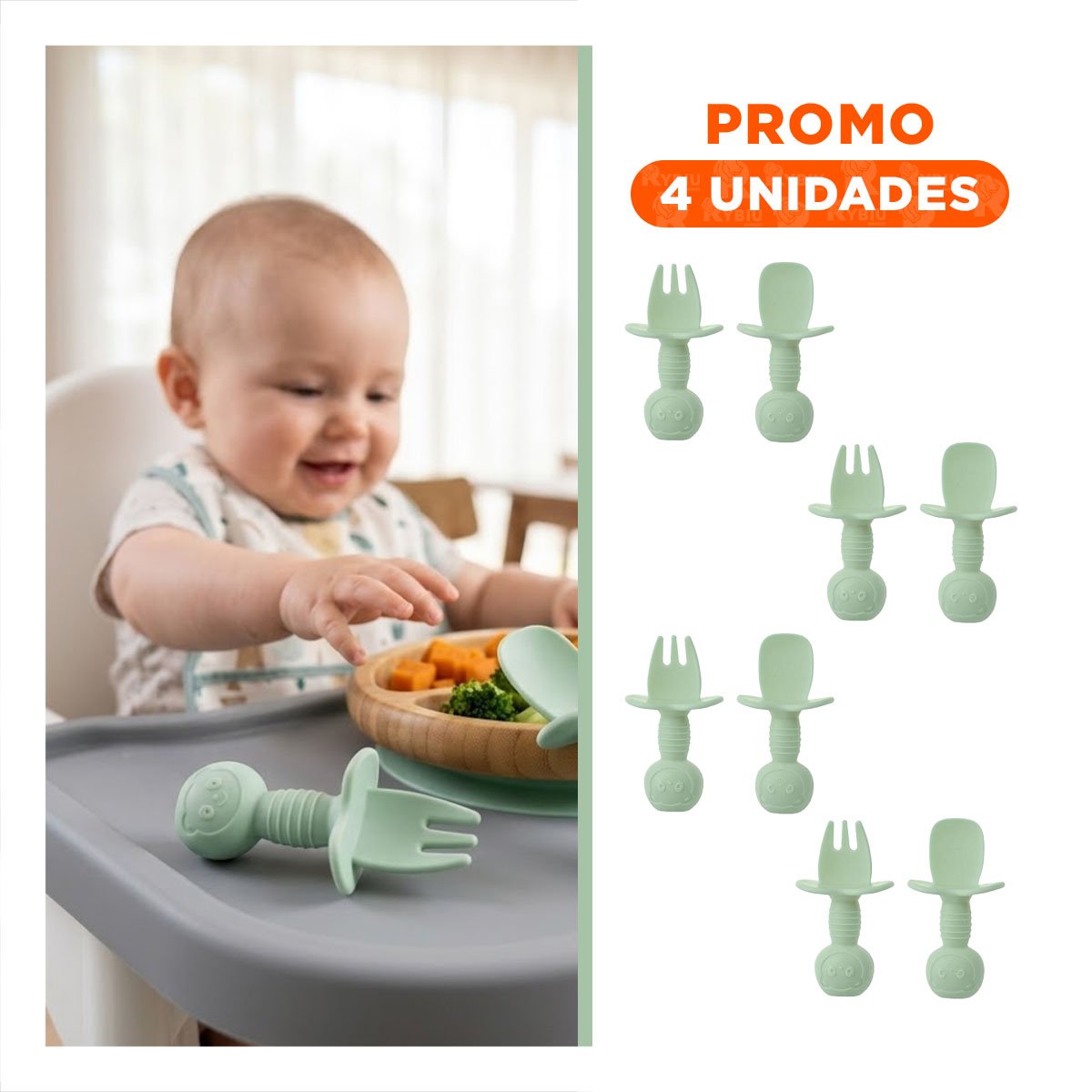 PACK4 PACK 2 PRE CUCHARA Y TENEDOR MANGO CORTO OSITO VERDE PARA NIÑOS COMER Y+REGALO STICKER - 1