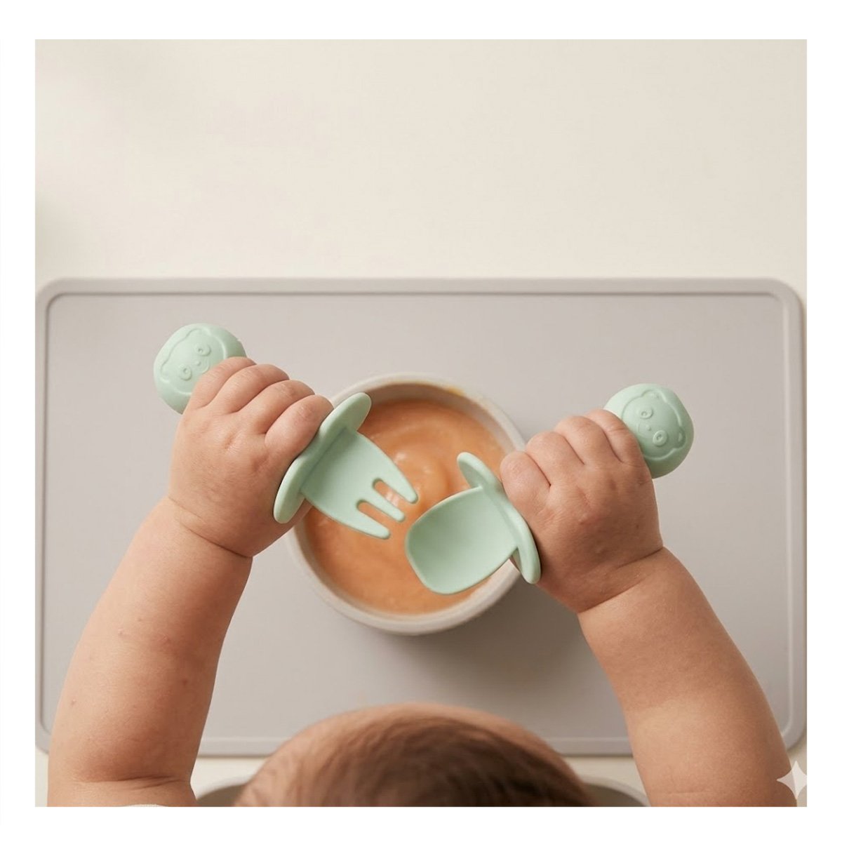 PACK4 PACK 2 PRE CUCHARA Y TENEDOR MANGO CORTO OSITO VERDE PARA NIÑOS COMER Y+REGALO STICKER - 3