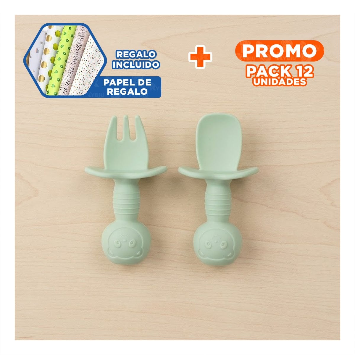 PACK12 KIT 2 PRE CUCHARA Y TENEDOR OSITO VERDE MANGO CORTO PARA COMEDOR Y+PAPEL REGALO - 1
