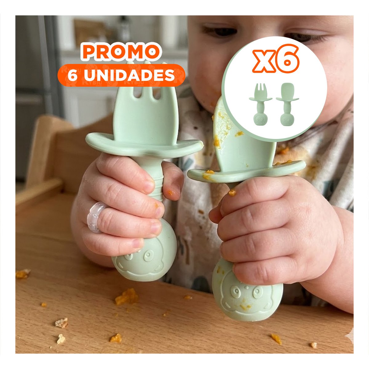 PACK6 COLECCION 2 PRE CUCHARA Y TENEDOR MANGO CORTO OSITO VERDE PARA NIÑOS Y+REGALO STICKER - 1
