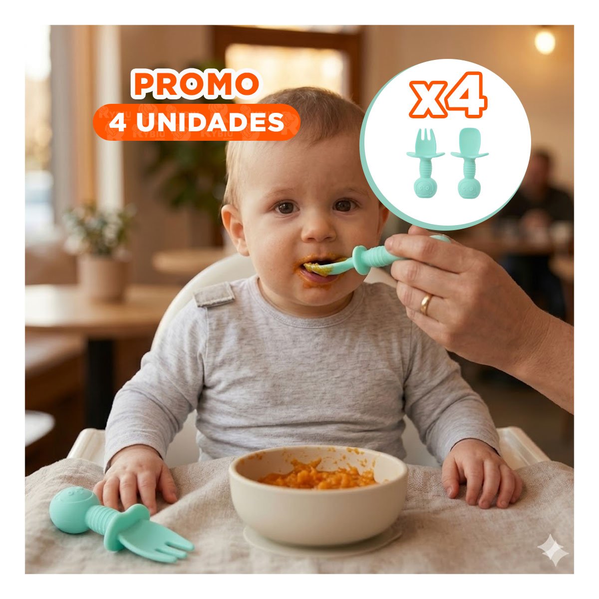 PACK4 SET 2 PRE CUCHARA Y TENEDOR COLOR VERDE AGUA MANGO CORTO OSITO PARA NIÑOS Y BEBÉS - 1