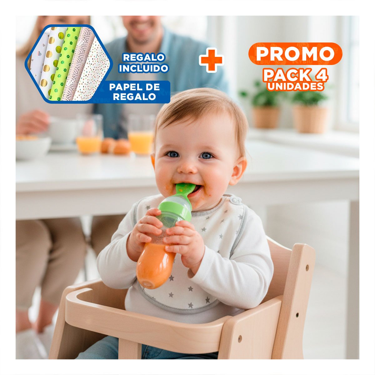 PACK4 CHUPO CON CUCHARA PARA COMIDA LIQUIDA Y SOLIDA FACIL VERDE Y+PAPEL REGALO - 1
