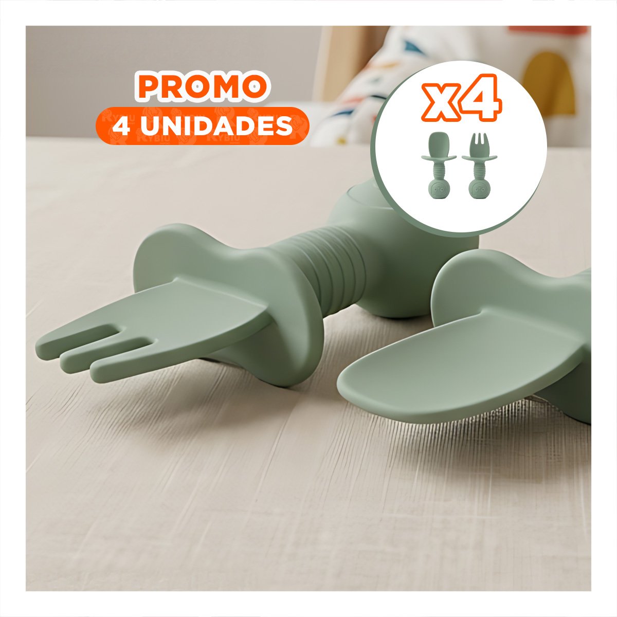 PACK4 SET 2 PRE CUCHARA Y TENEDOR COLOR VERDE OSCURO MANGO CORTO OSITO PARA COMIDA - 1