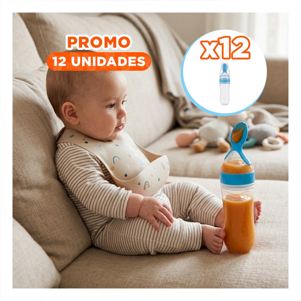 PACK12 BIBERON CON CUCHARA DE PLASTICO RESISTENTE Y COMODO COLOR CELESTE - 1