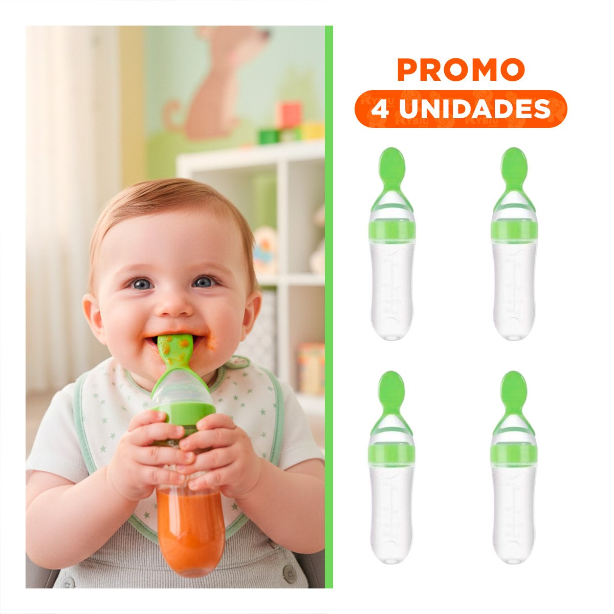 PACK4 TETERO CON CUCHARA CON MANGO ANTIDESLIZANTE Y DISEÑO MODERNO COLOR VERDE Y+REGALO STICKER - 1