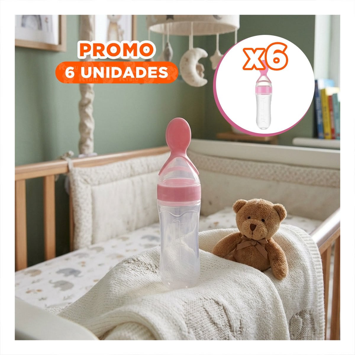 PACK6 TETERO CON CUCHARA PARA COMIDA SOLIDA Y LIQUIDA FACIL ROSADO Y+REGALO STICKER - 1