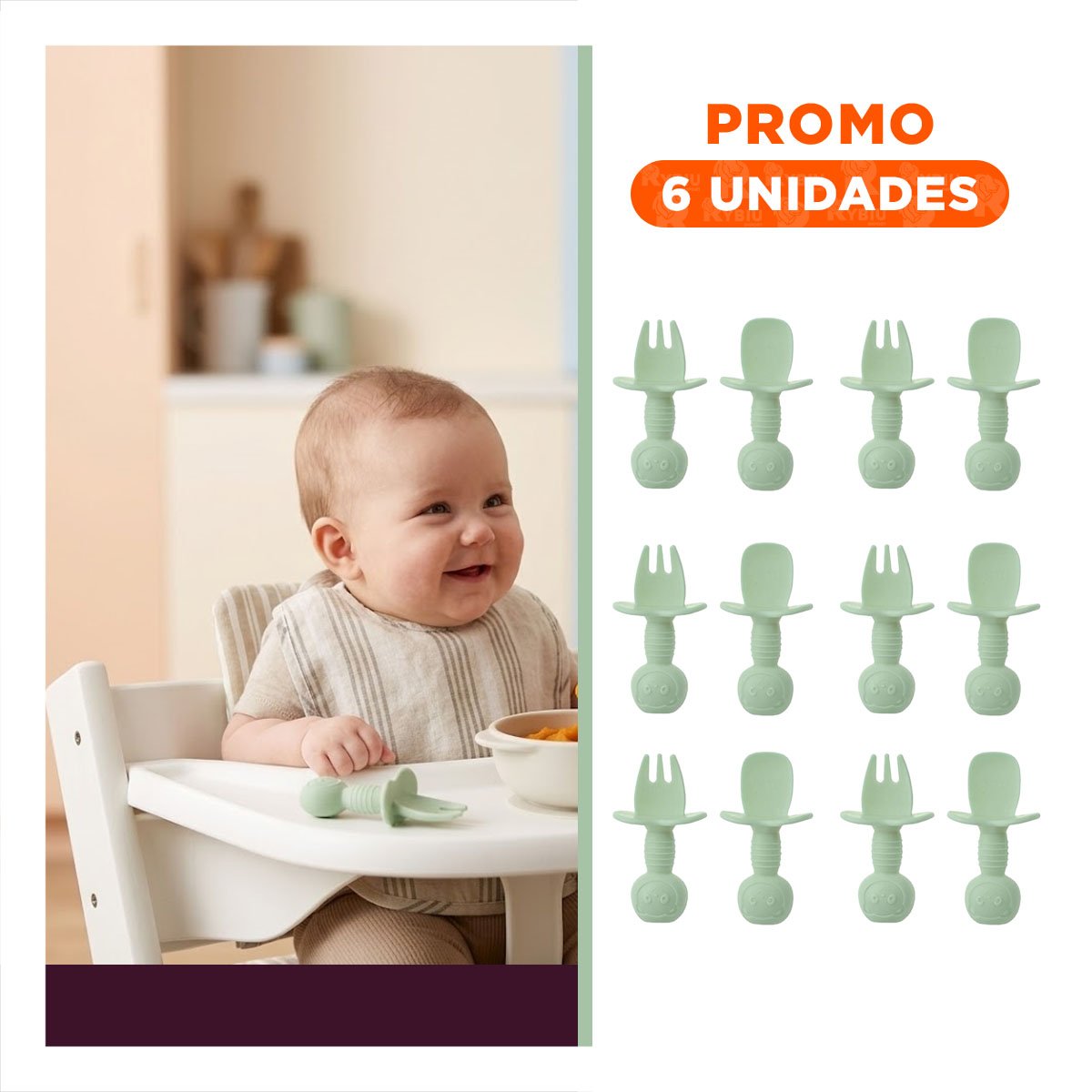 PACK6 SET 2 PRE CUCHARA Y TENEDOR OSITO MANGO CORTO COLOR VERDE PARA MESA - 1