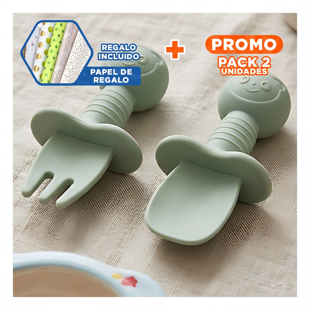 PACK2 PACK 2 PRE CUCHARA Y TENEDOR MANGO CORTO OSITO VERDE OSCURO PARA COCINA Y+PAPEL REGALO - 1