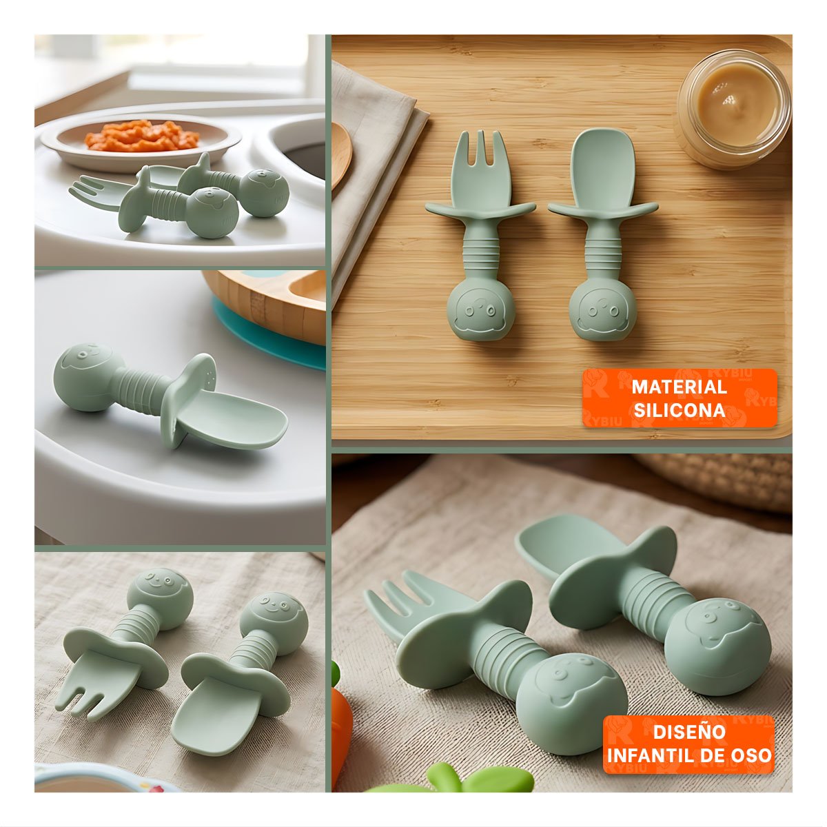 PACK2 PACK 2 PRE CUCHARA Y TENEDOR MANGO CORTO OSITO VERDE OSCURO PARA COCINA Y+PAPEL REGALO - 3