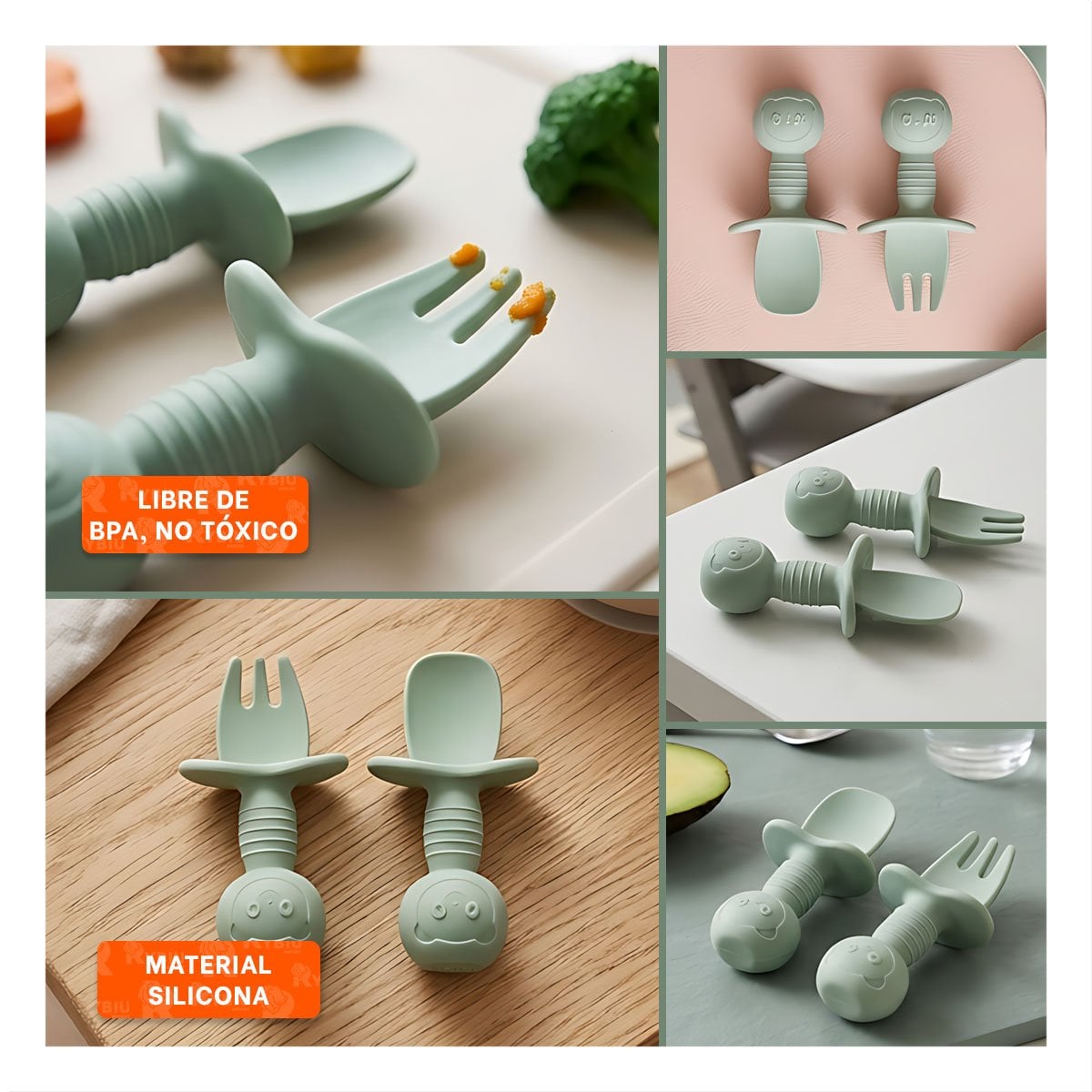 SET 2 PRE CUCHARA Y TENEDOR MANGO CORTO OSITO VERDE OSCURO PARA COMER - 5