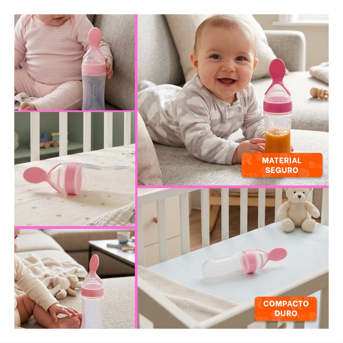 BIBERON CON CUCHARA Y TAPA PROTECTORA PARA BEBES COLOR ROSADO Y+POST IT - 1