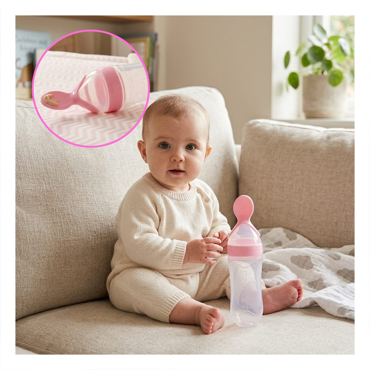 BIBERON CON CUCHARA Y TAPA PROTECTORA PARA BEBES COLOR ROSADO Y+POST IT - 2