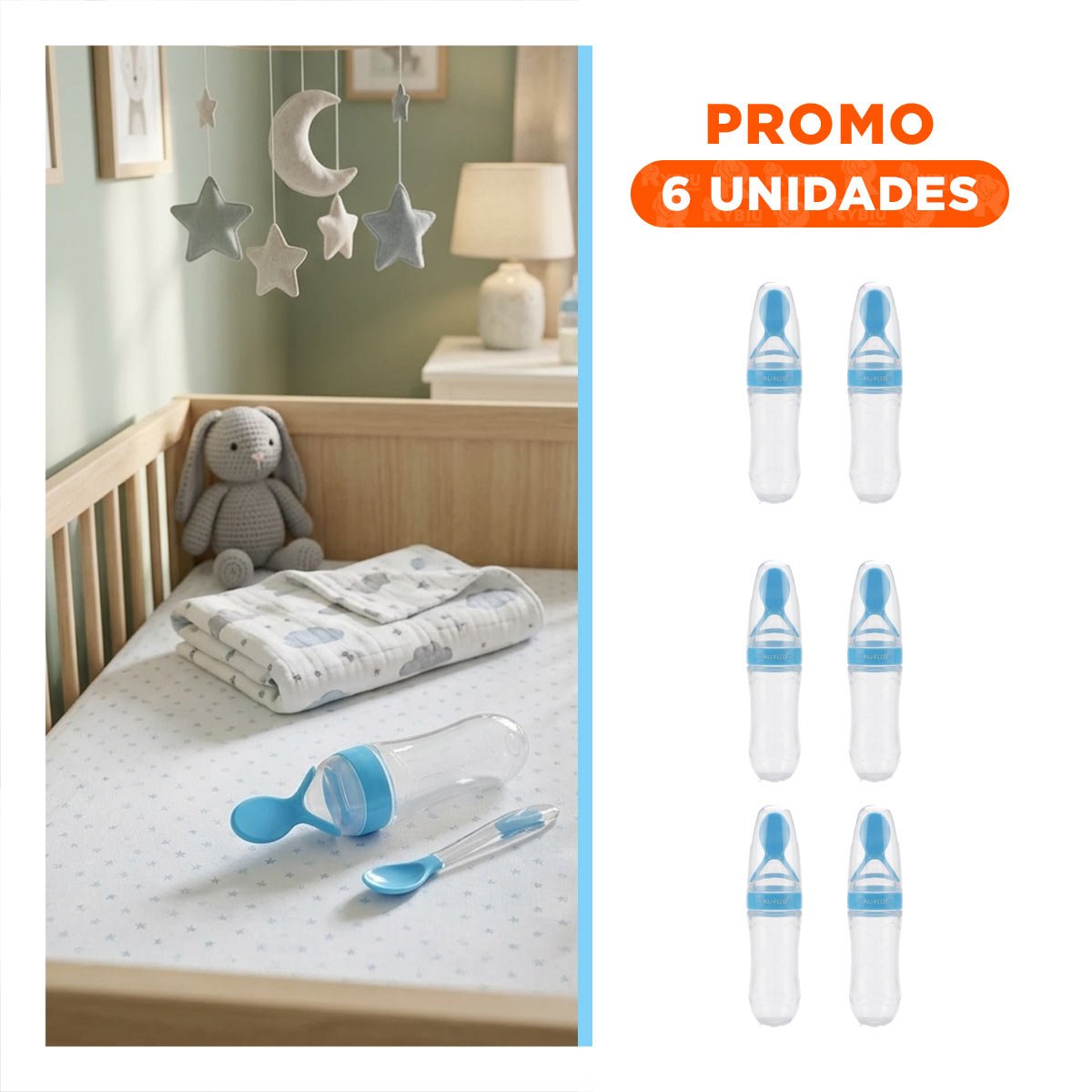 PACK6 BIBERON CON CUCHARA PARA LACTANTES Y NIÑOS PEQUEÑOS CELESTE - 1