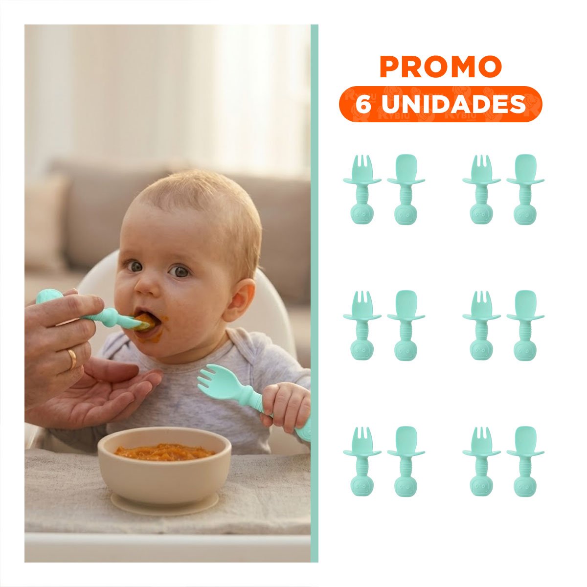 PACK6 SET 2 PRE CUCHARA Y TENEDOR OSITO MANGO CORTO COLOR VERDE AGUA PARA MESA - 1