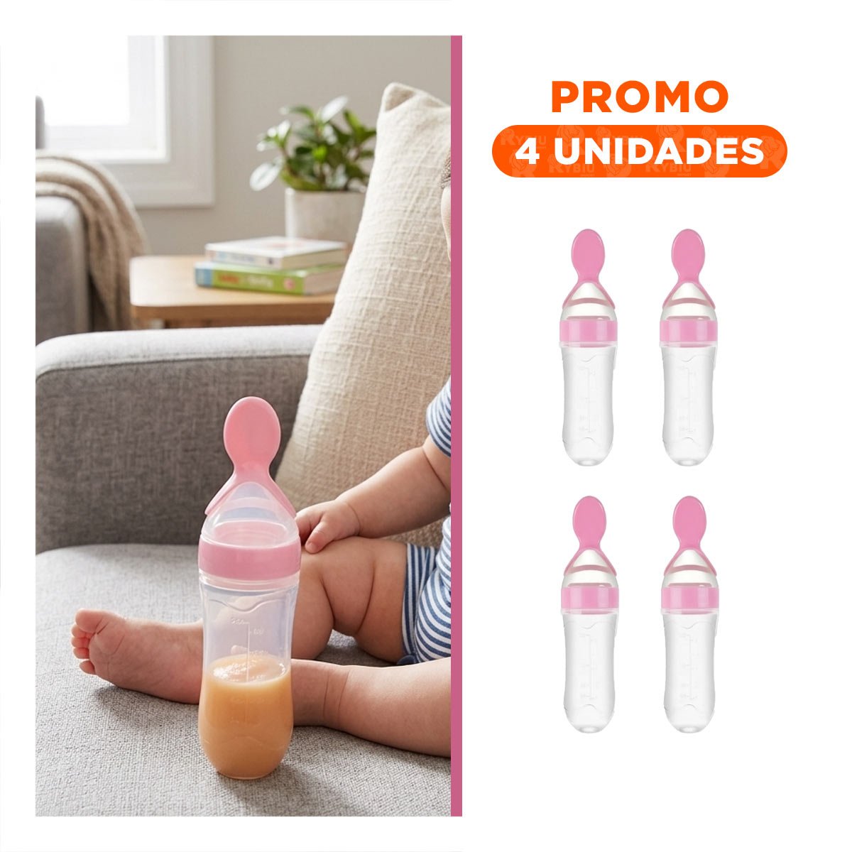 PACK4 TETERO CON CUCHARA CON MANGO ANTIDESLIZANTE Y DISEÑO MODERNO ROSADO Y+REGALO STICKER - 1