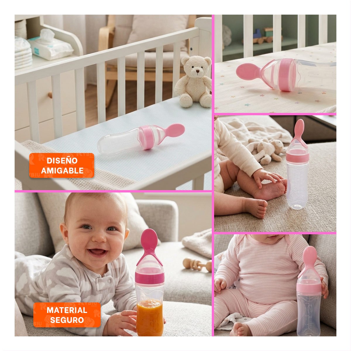 PACK4 TETERO CON CUCHARA CON MANGO ANTIDESLIZANTE Y DISEÑO MODERNO ROSADO Y+REGALO STICKER - 2