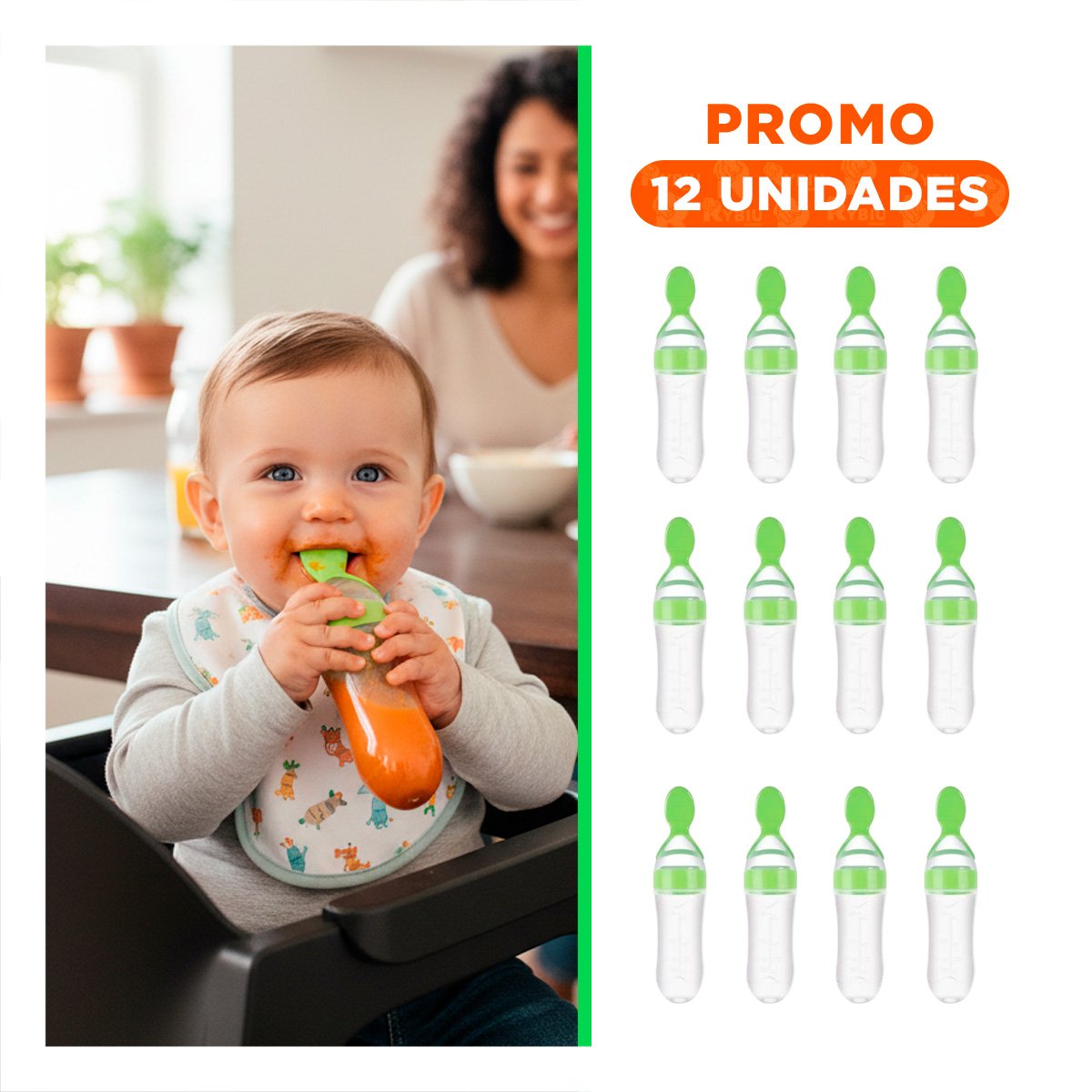 PACK12 TETERO CON CUCHARA CON DISEÑO ERGONOMICO Y LIMPIEZA FACIL COLOR VERDE Y+REGALO STICKER - 1