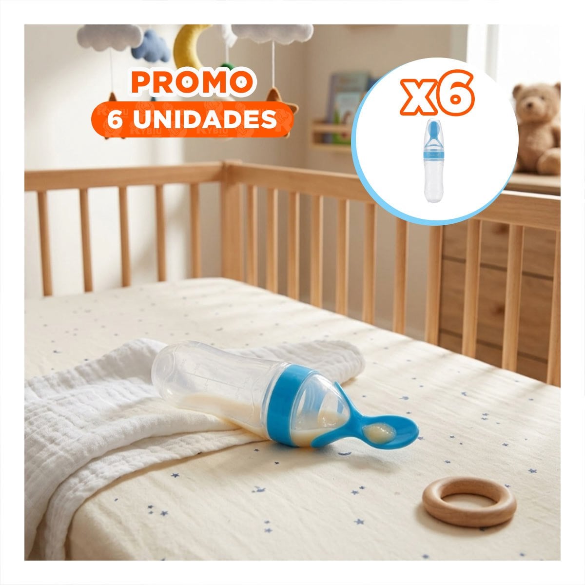 PACK6 TETERO CON CUCHARA PARA COMIDA SOLIDA Y LIQUIDA FACIL CELESTE Y+REGALO STICKER - 1