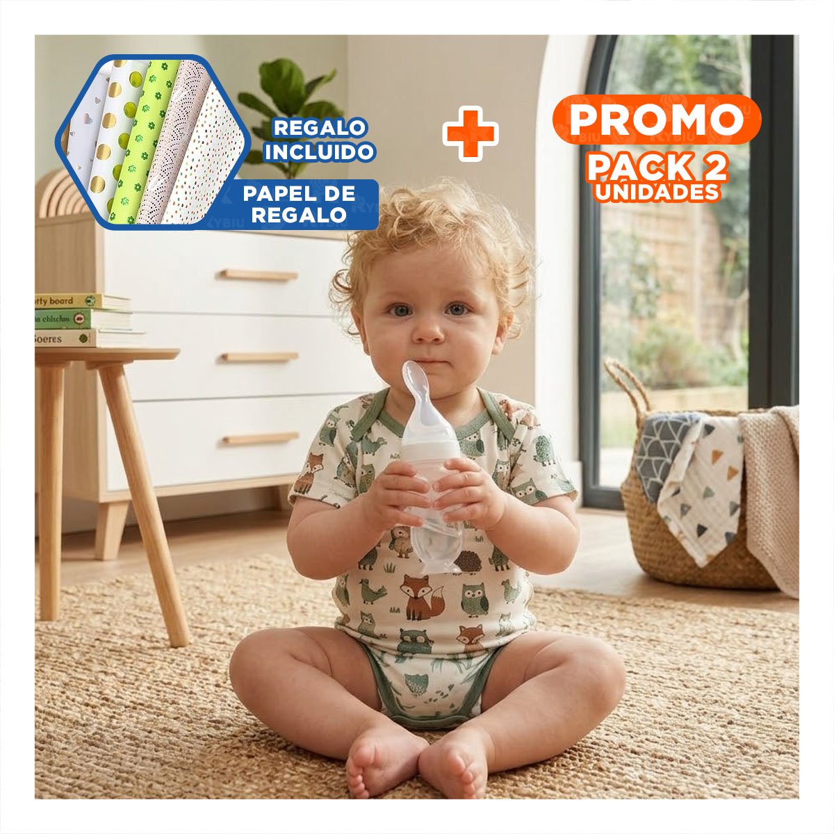 PACK2 MAMADERA CON CUCHARA CON TAPA PROTECTORA Y FACIL LIMPIEZA BLANCO Y+PAPEL REGALO - 1