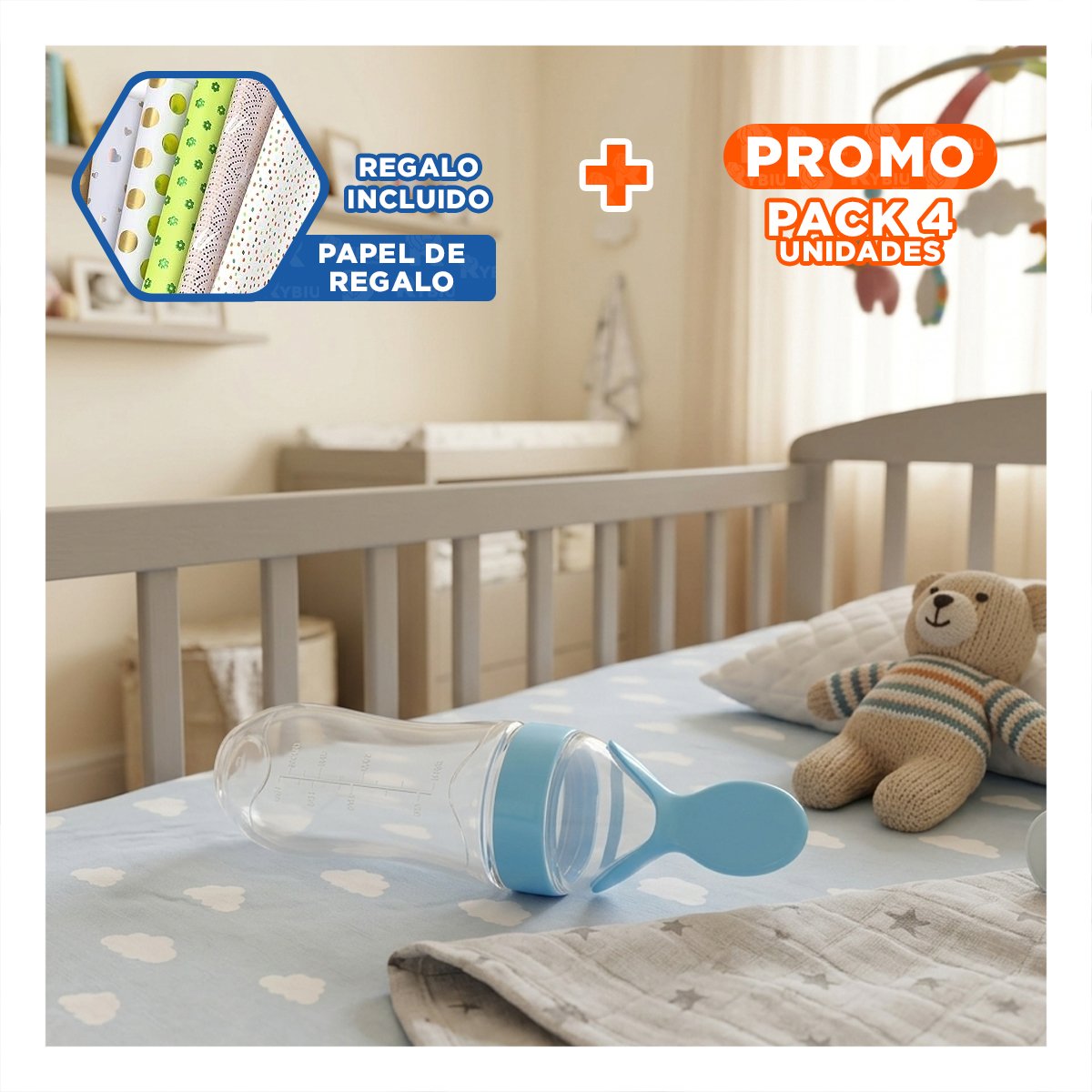 PACK4 CHUPO CON CUCHARA PARA COMIDA LIQUIDA Y SOLIDA FACIL CELESTE Y+PAPEL REGALO - 1