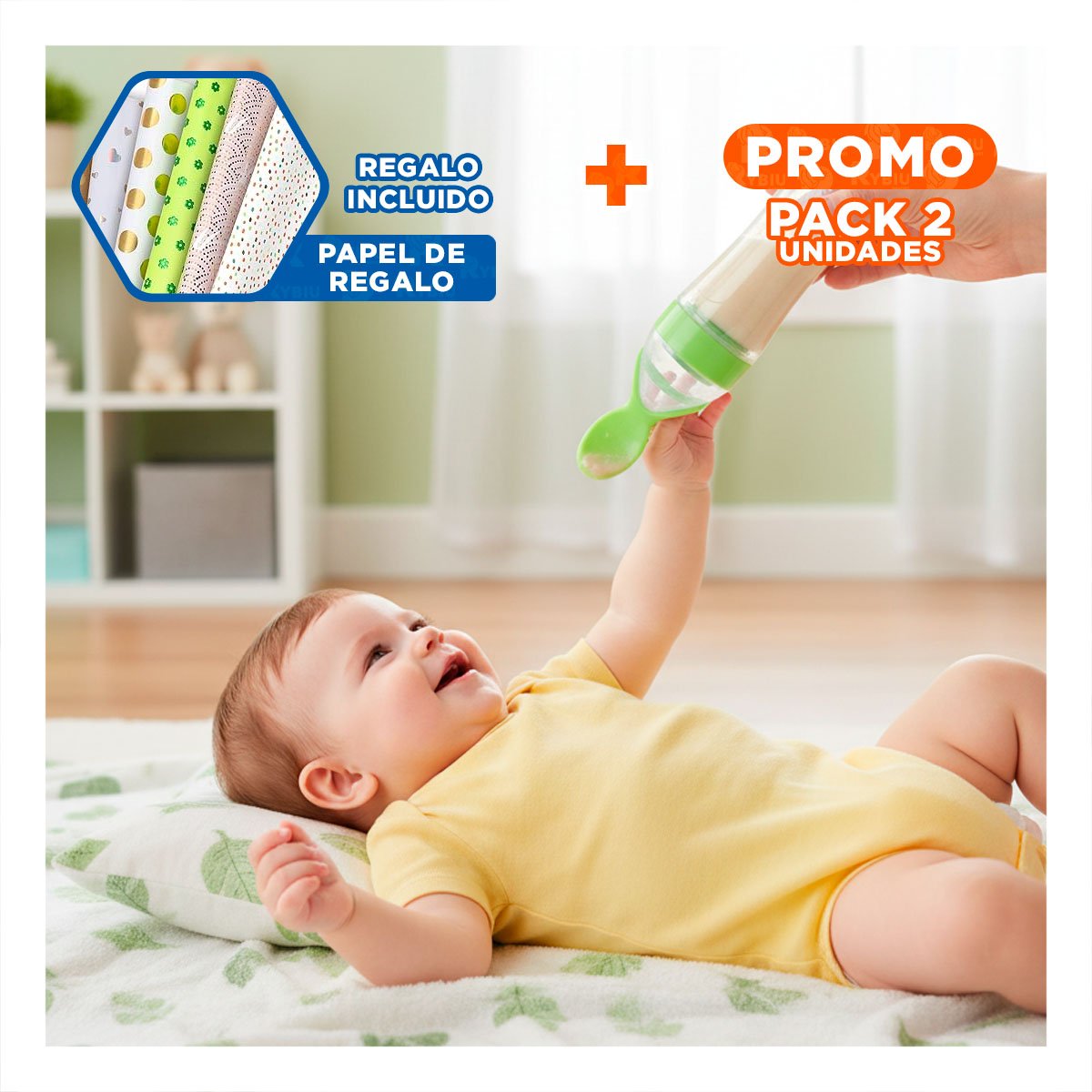 PACK2 TETERO CON CUCHARA PARA COMIDA LIQUIDA Y SOLIDA SEGURA COLOR VERDE Y+PAPEL REGALO - 1