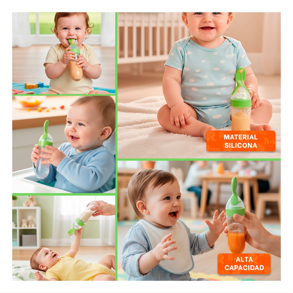 PACK2 TETERO CON CUCHARA PARA COMIDA LIQUIDA Y SOLIDA SEGURA COLOR VERDE Y+PAPEL REGALO - 3