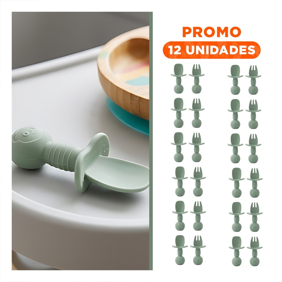 PACK12 PACK 2 PRE CUCHARA Y TENEDOR MANGO CORTO OSITO COLOR VERDE OSCURO Y+REGALO STICKER - 1