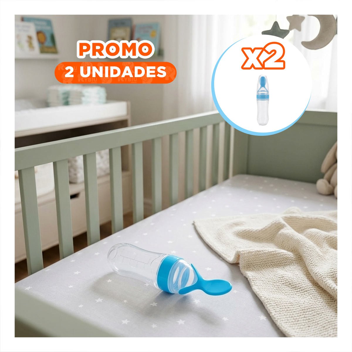 PACK2 MAMADERA CON CUCHARA CON TAPA HERMETICA Y LIMPIEZA FACIL CELESTE Y+REGALO STICKER - 1