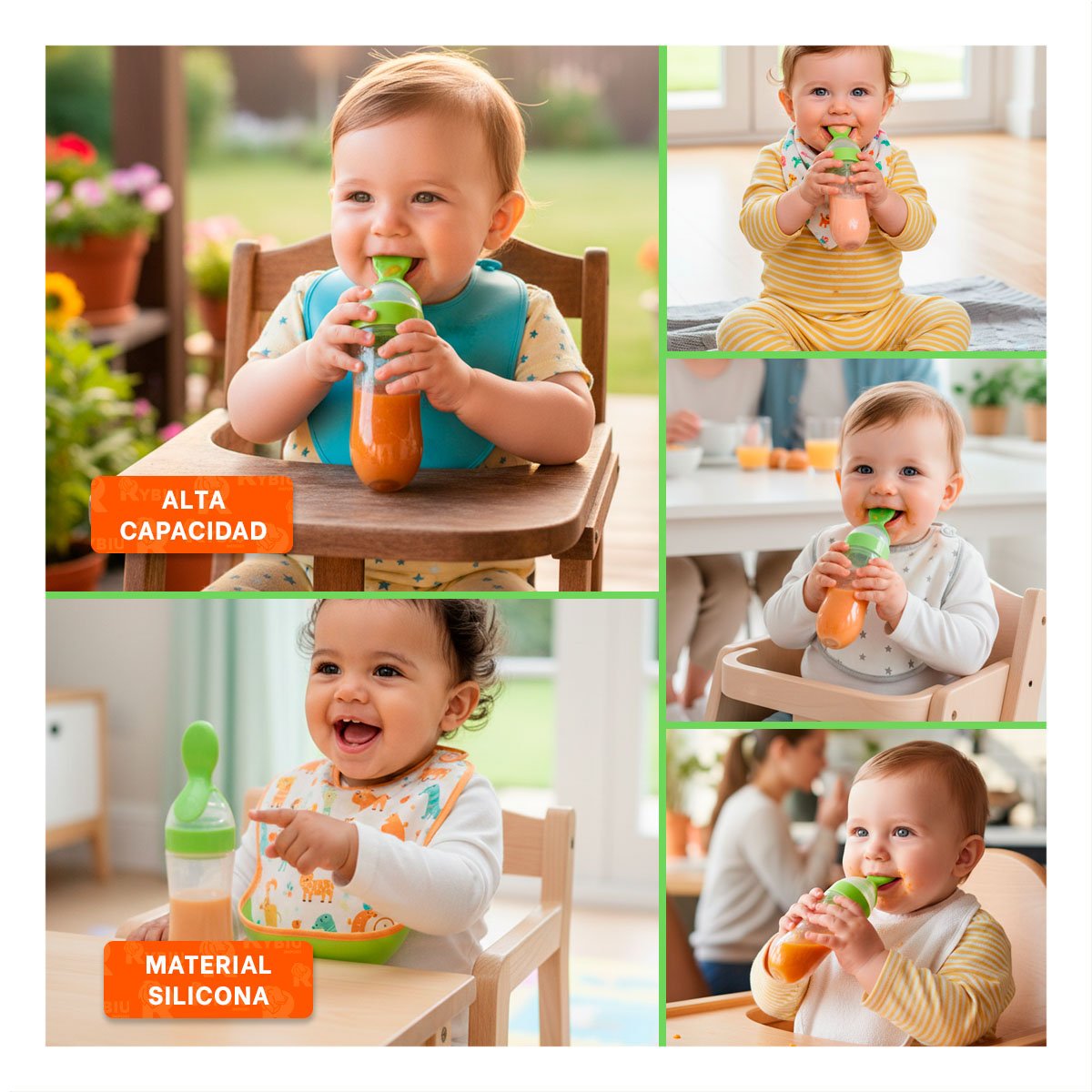 BIBERON CON CUCHARA Y TAPA PROTECTORA PARA BEBES COLOR VERDE Y+POST IT - 5
