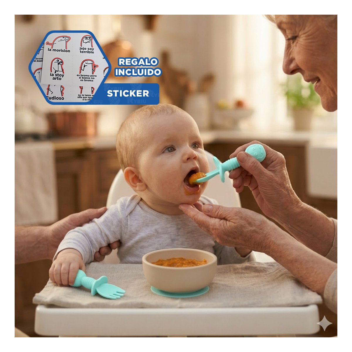 PACK 2 PRE CUCHARA Y TENEDOR OSITO MANGO CORTO PARA NIÑOS VERDE AGUA Y+REGALO STICKER - 1