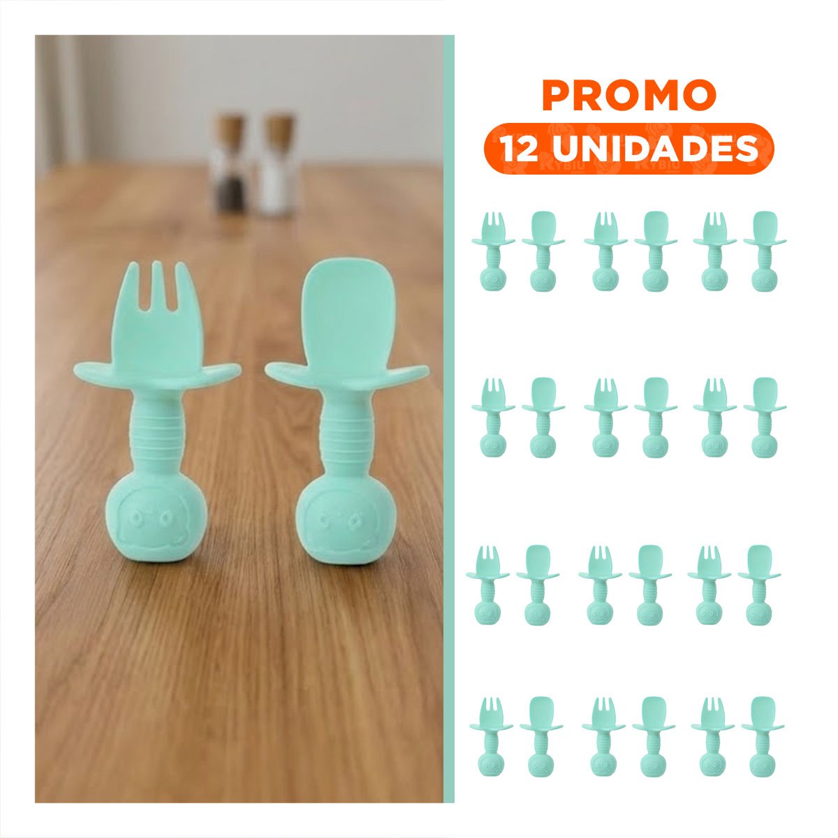 PACK12 PACK 2 PRE CUCHARA Y TENEDOR VERDE AGUA MANGO CORTO OSITO PARA NIÑOS Y+REGALO STICKER - 1