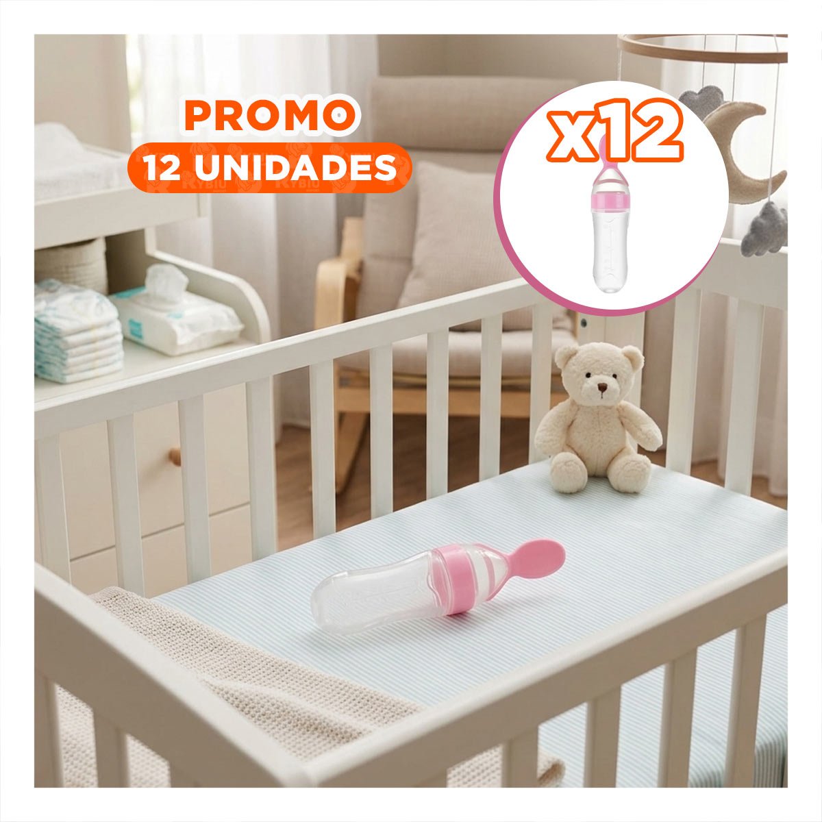 PACK12 BIBERON CON CUCHARA DE PLASTICO RESISTENTE Y COMODO COLOR ROSADO - 1