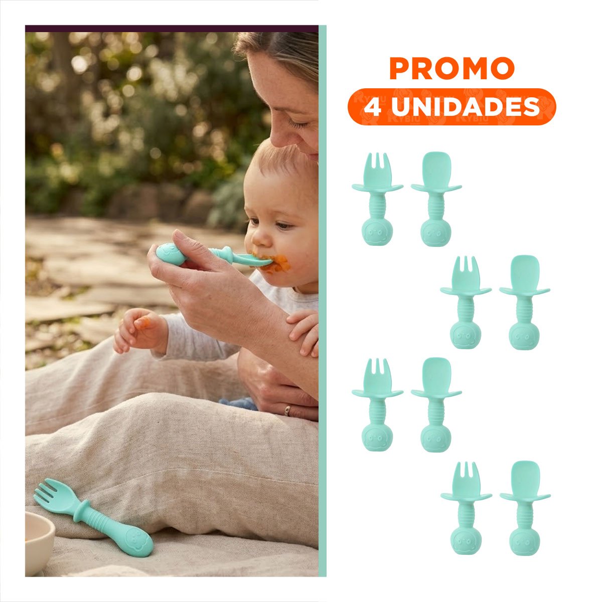 PACK4 PACK 2 PRE CUCHARA Y TENEDOR MANGO CORTO OSITO VERDE AGUA PARA COMER Y+REGALO STICKER - 1