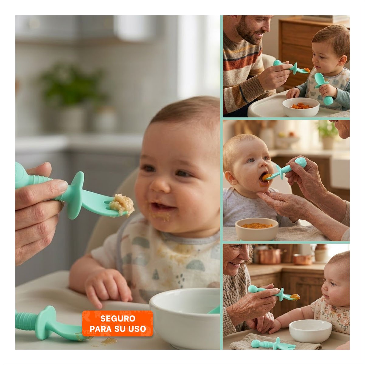 PACK4 PACK 2 PRE CUCHARA Y TENEDOR MANGO CORTO OSITO VERDE AGUA PARA COMER Y+REGALO STICKER - 2