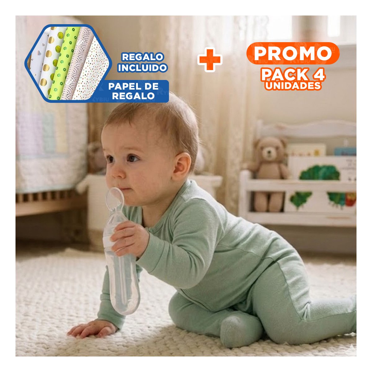 PACK4 TETERO CON CUCHARA CON DISEÑO ERGONOMICO Y RESISTENTE BLANCO Y+PAPEL REGALO - 1