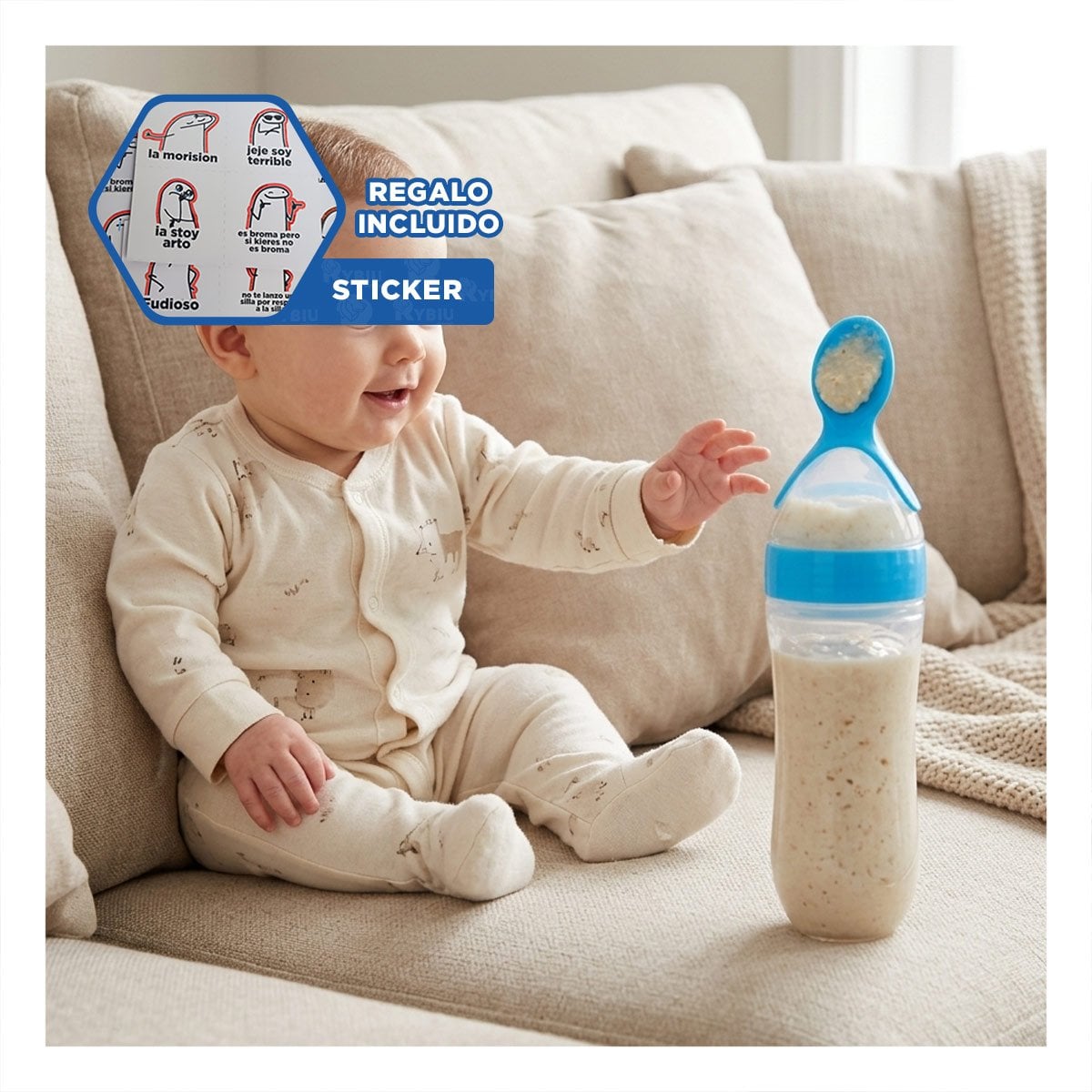 TETERO CON CUCHARA DE PLASTICO DURABLE Y FACIL LIMPIEZA COLOR CELESTE Y+REGALO STICKER - 1