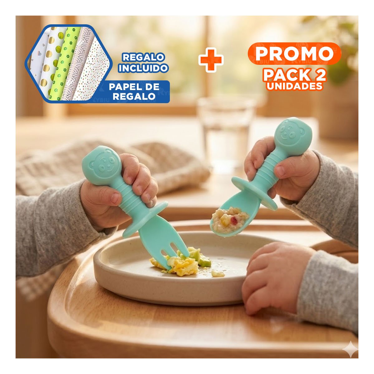 PACK2 PACK 2 PRE CUCHARA Y TENEDOR VERDE AGUA OSITO MANGO CORTO PARA COMEDOR Y+PAPEL REGALO - 1