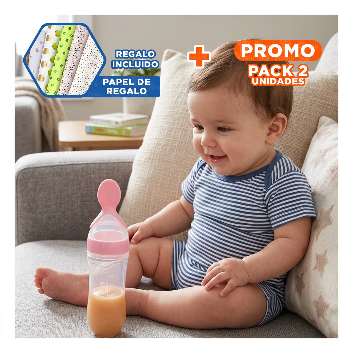 PACK2 TETERO CON CUCHARA PARA COMIDA LIQUIDA Y SOLIDA SEGURA COLOR ROSADO Y+PAPEL REGALO - 1