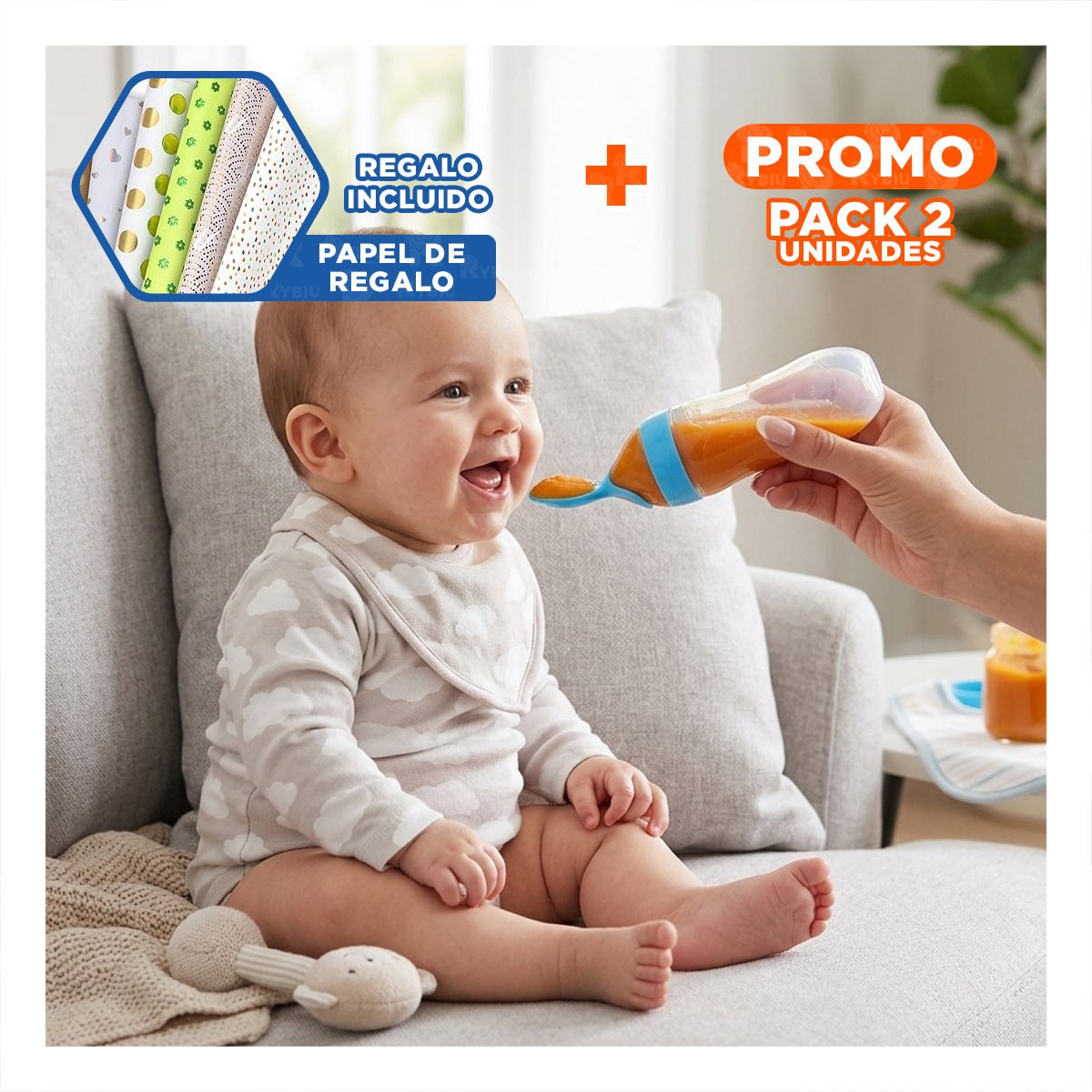 PACK2 TETERO CON CUCHARA PARA COMIDA LIQUIDA Y SOLIDA SEGURA COLOR CELESTE Y+PAPEL REGALO - 1