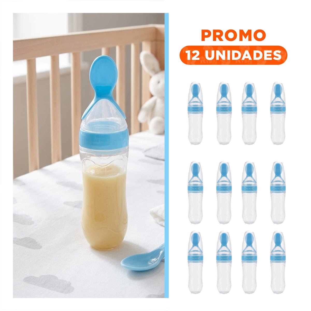 PACK12 TETERO CON CUCHARA CON DISEÑO ERGONOMICO Y LIMPIEZA FACIL COLOR CELESTE Y+REGALO STICKER - 1