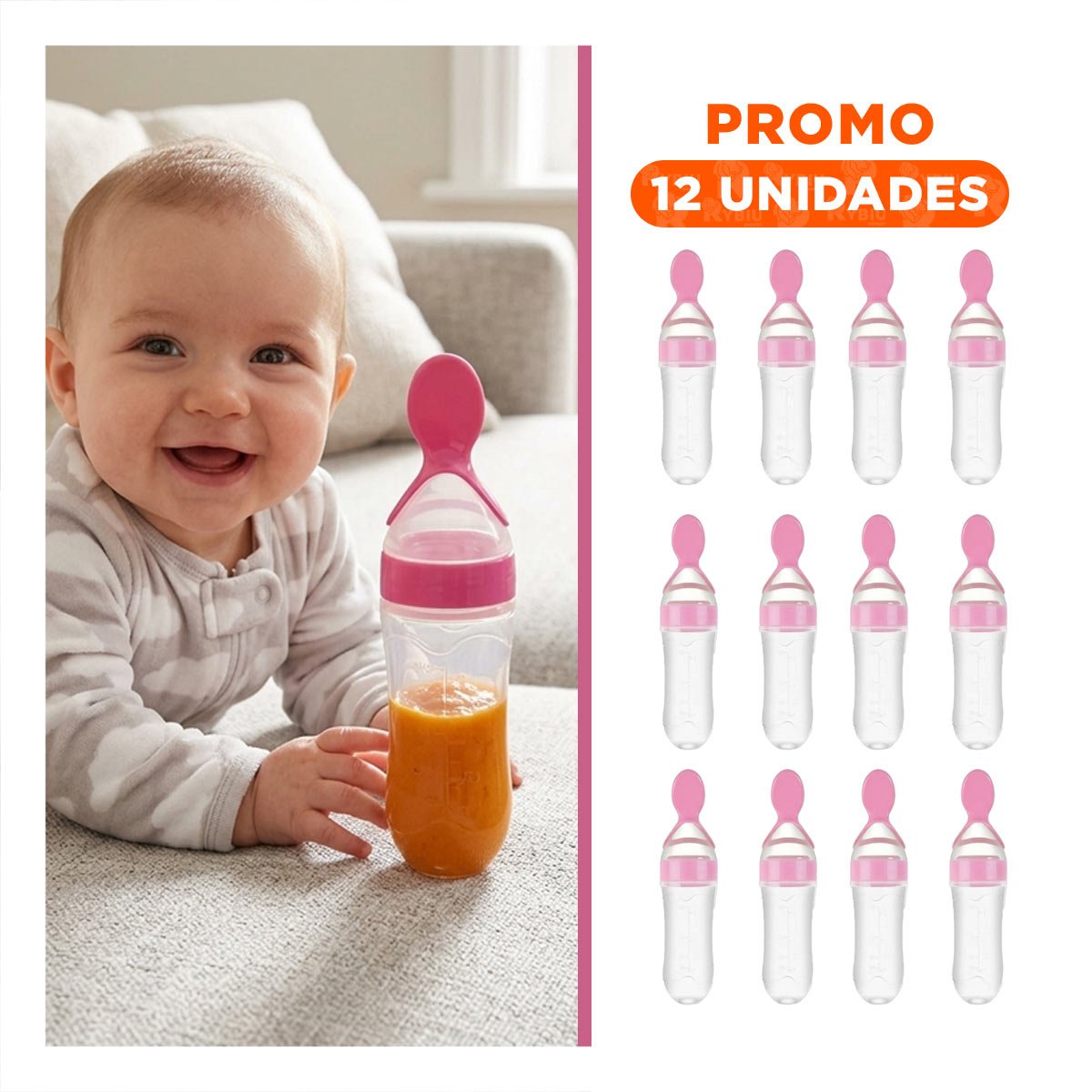 PACK12 TETERO CON CUCHARA CON DISEÑO ERGONOMICO Y LIMPIEZA FACIL COLOR ROSADO Y+REGALO STICKER - 1